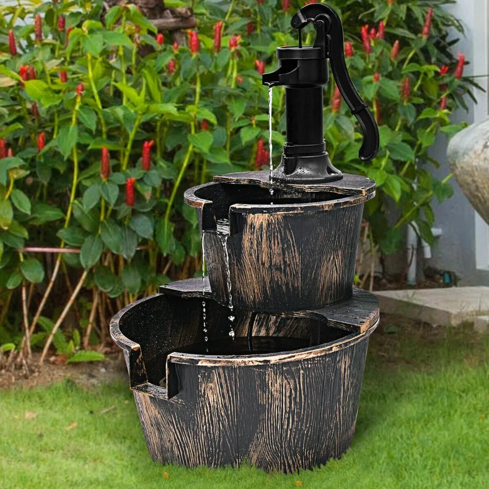 

2 Tier Barrel Waterfall Fountain Barrel Water Fountain Pump Outdoor Garden