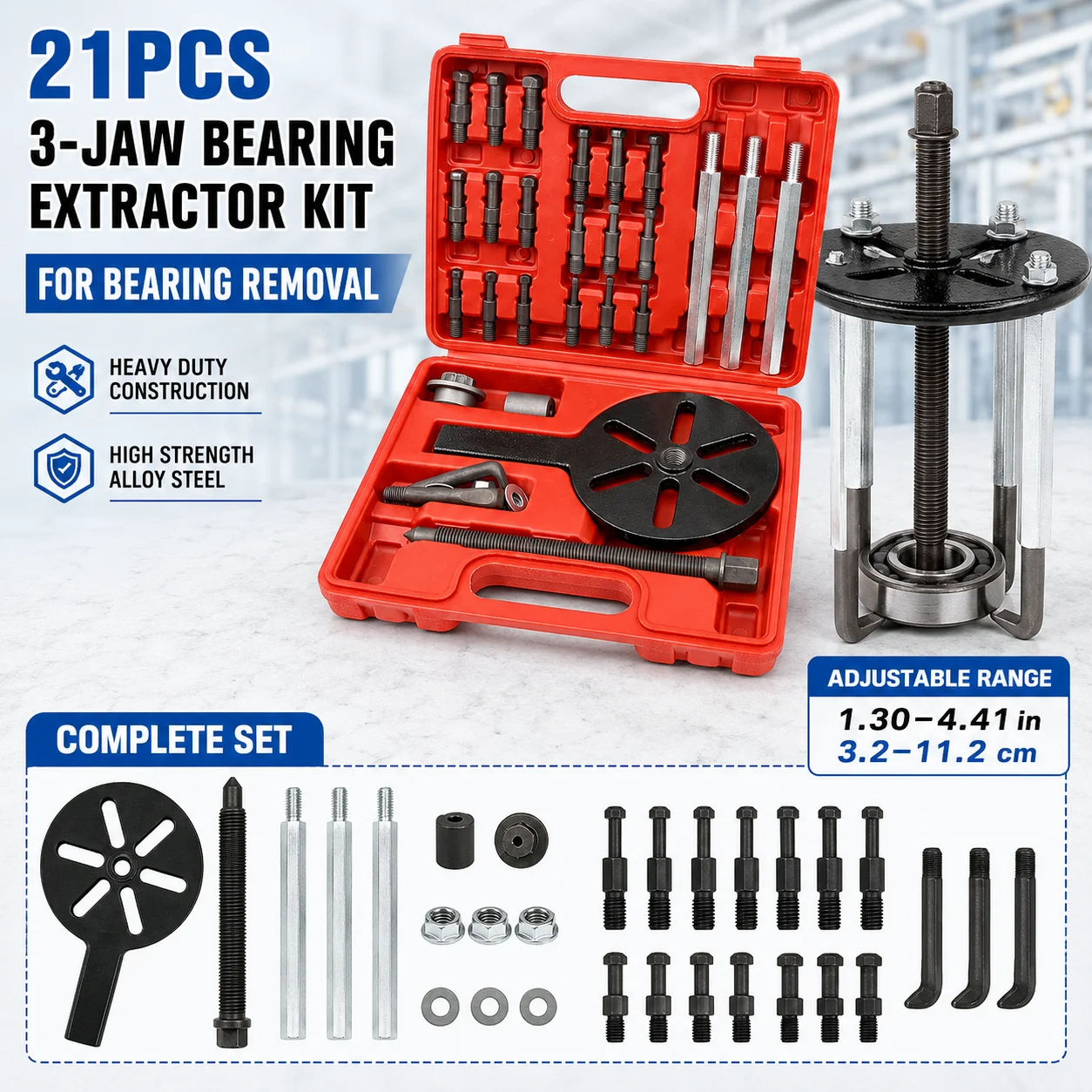21Pcs Three-Jaw Bearing Extractor Puller Set 32-112mm Adjustable Alloy Steel Tool for Car Hub Gear Pulley Removal Repair