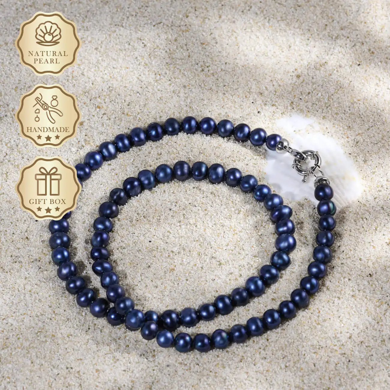 

MYSOYA Dark Blue Freshwater Pearl Necklace 8–9mm with Nautical Clasp, Gift Box, Ideal Birthday & Anniversary Gift