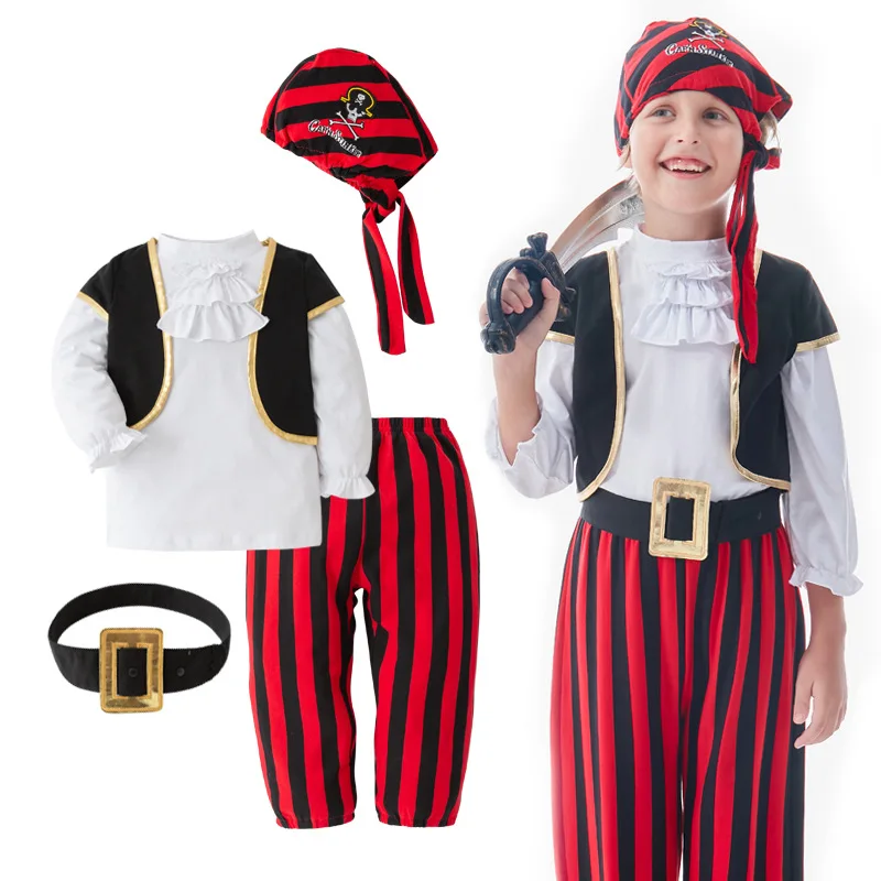 

Boys Pirate Outfit for Halloween Party Stage Performance Striped Pants White Shirt Black Golden Accents 5 Piece Set Cosplay