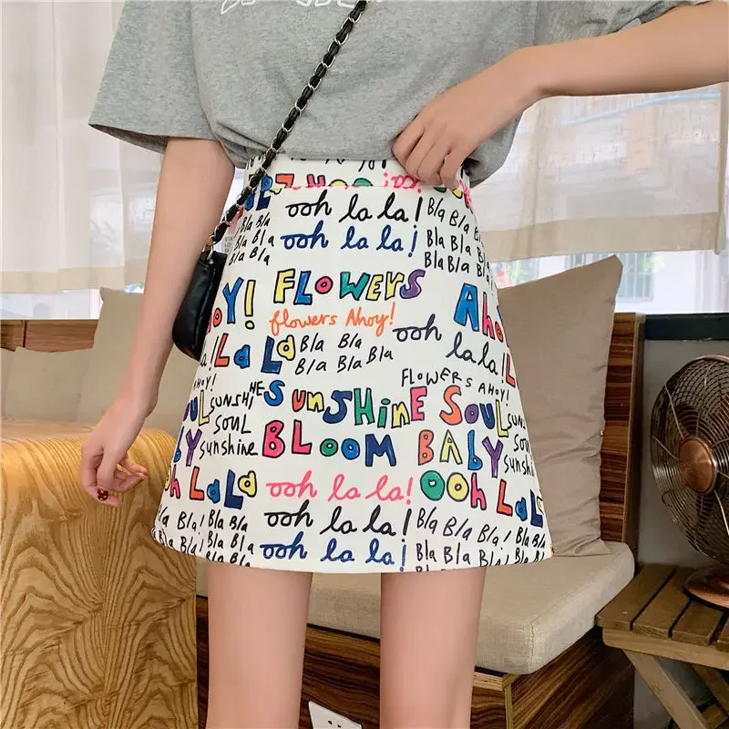 2022 Women High Waist A-line Skirt Sweet And Cute Student Skirt Cartoon Letter Graffiti Korean New Fashion Kawaii Skirt Womens