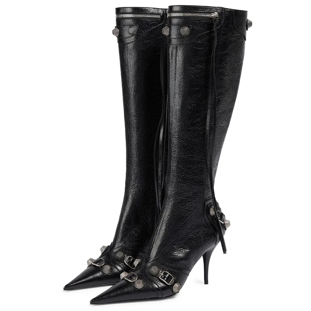 

Elegant Plus Size Trendy Ladies Stiletto Heel Pointed Toe Winter Long Boots Studs Side Zipper Women Knee High Boots Black white