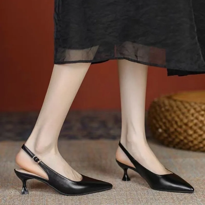 Women's Leather-Look Slingback Pumps Pointed Toe Low Sculptural Kitten Heel Adjustable Ankle Buckle Dressy Office Event Footwear