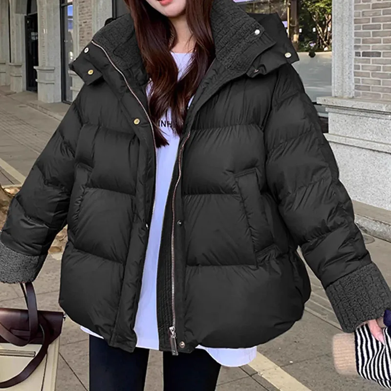 Lamb Wool Cotton Coats Women\'s 2025 New Winter Parkas Hooded Down Cotton Jacket Explosions Stitching Top Thickened Warm Outwear