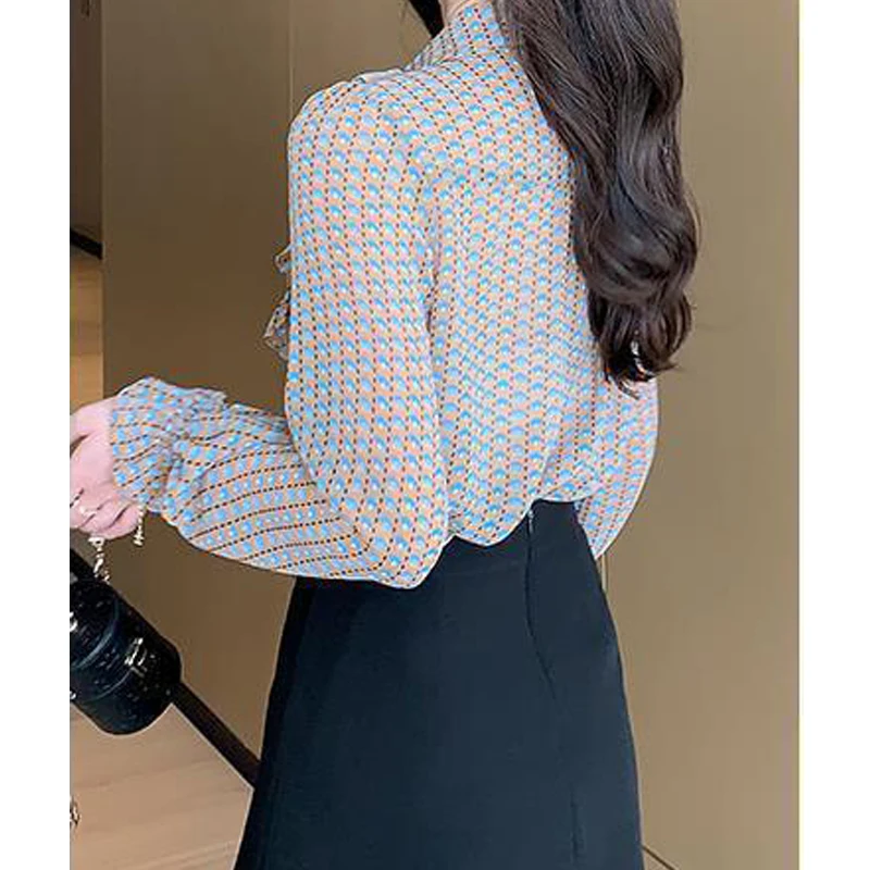 Women\'s Korean Fashion Print Ruffles Button Up Shirt Office Lady Elegant Chic Lapel Blouse Loose Long Sleeve Tops Casual Blusas