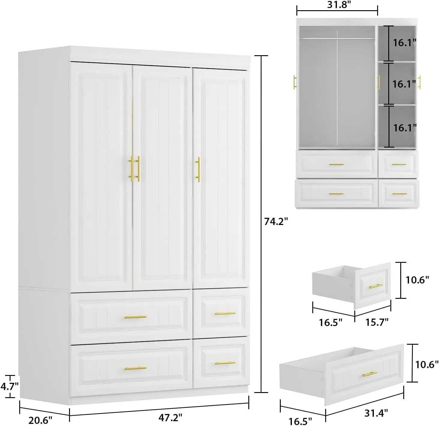 Fufu&Gaga Large Armoire Combo Wardrobes Closet Storage Cabinet White 74.2