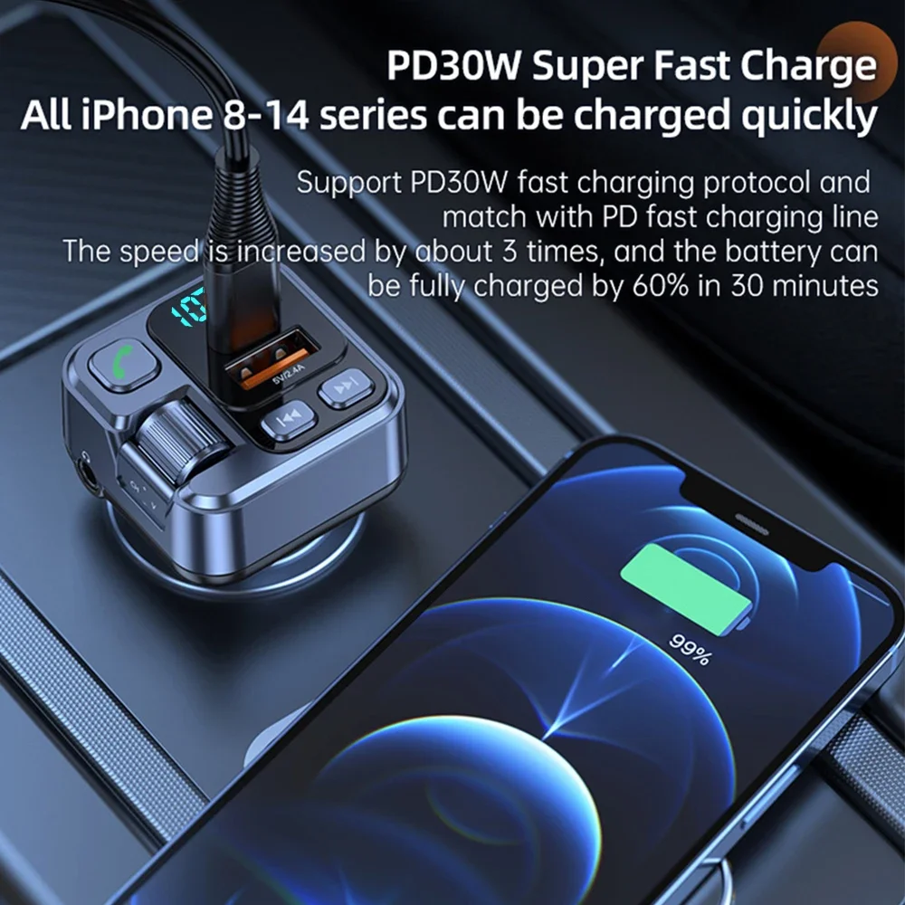 Bluetooth Car FM Transmitter PD30W USB-C Fast Charger Car MP3 Stereo Music Player Car Mobile Phone Adapter with Digital Display gallery 3