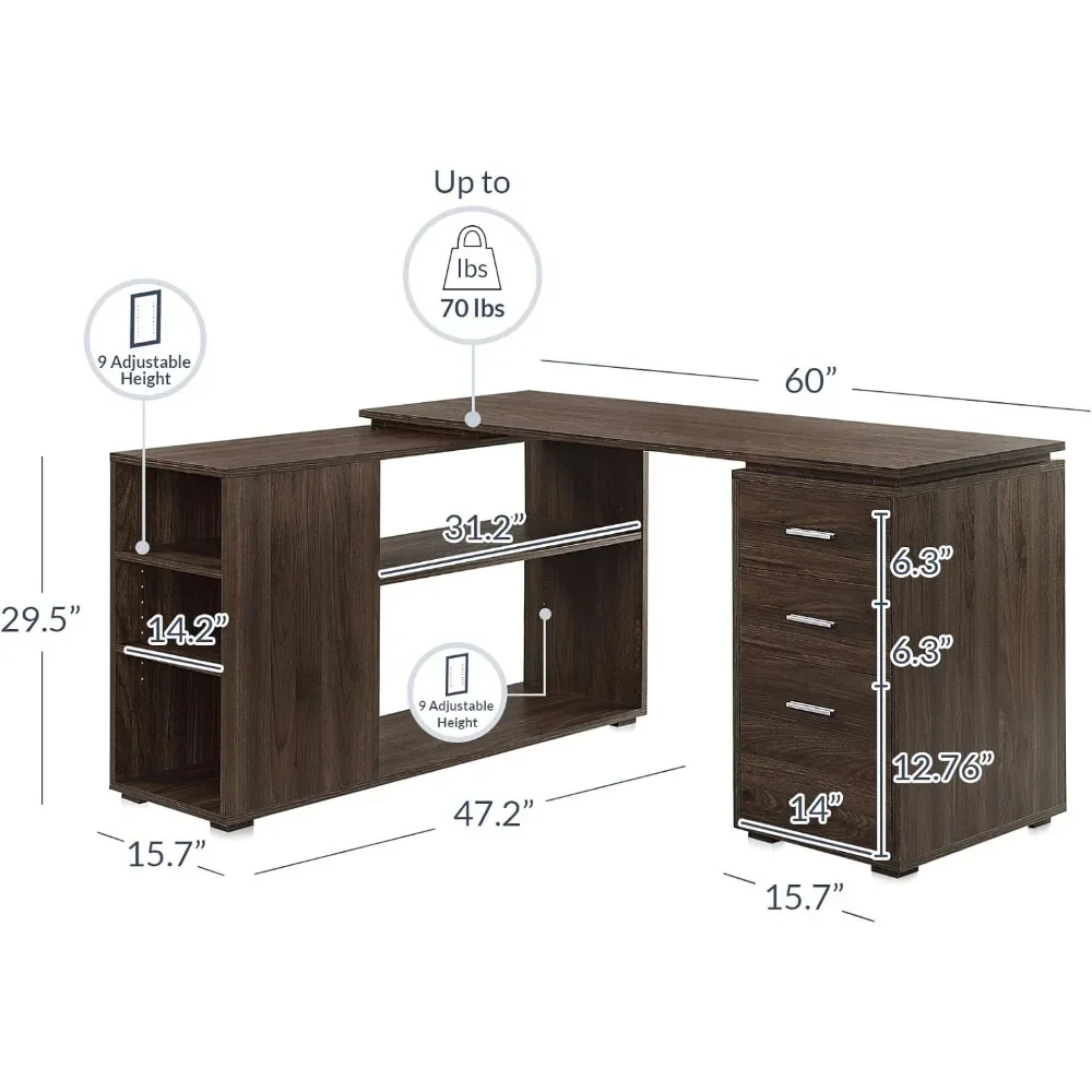 Escrita com prateleiras de armazenamento ajustáveis, L Shaped Canto Workstation, Estudo Mesa do computador, 3 gavetas, 60 pol