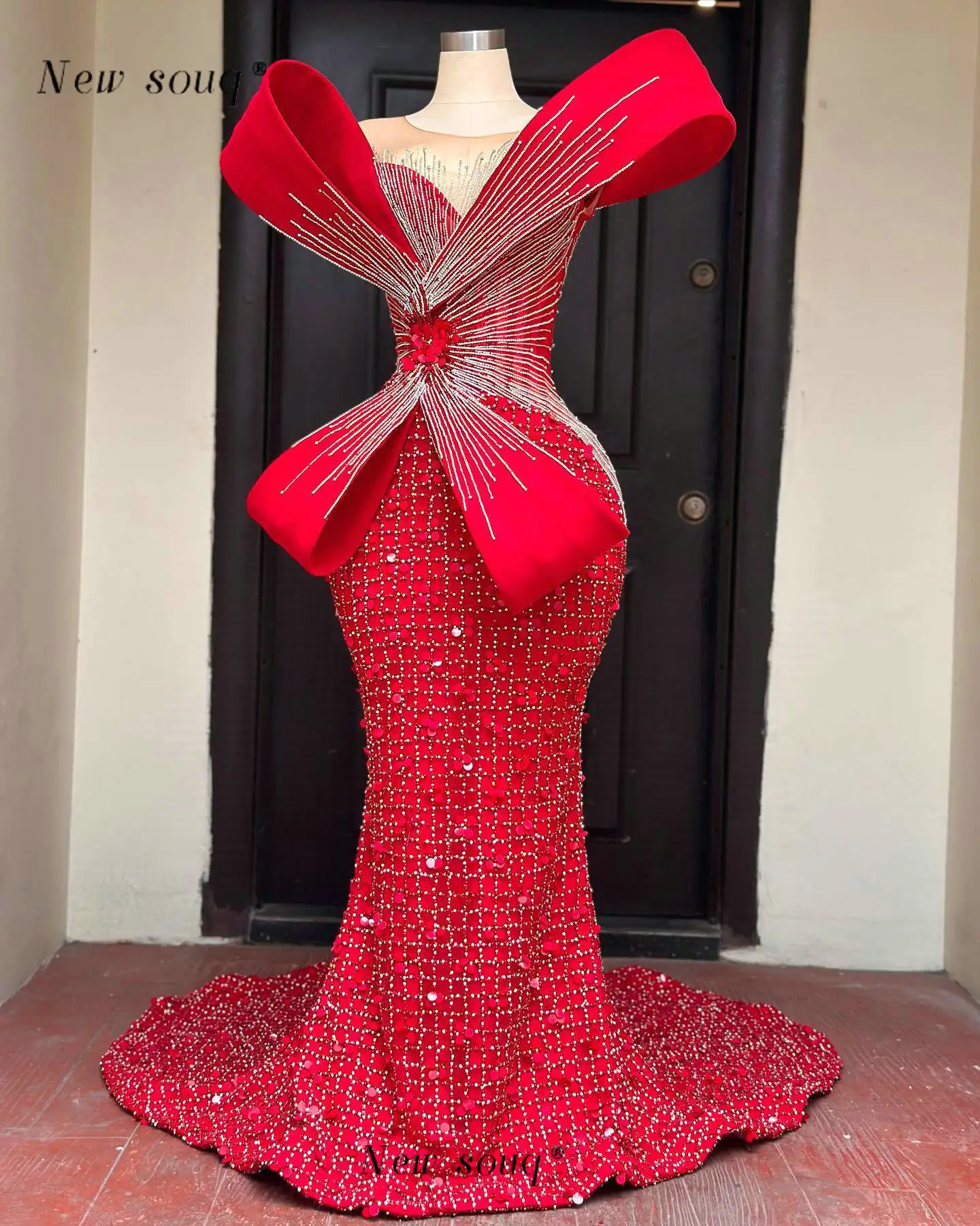 

African Fashion Chic Design Red Beaded Mermaid Evening Dresses for Black Girls Plus Size Prom Dinner Party Gowns 2024 Customized