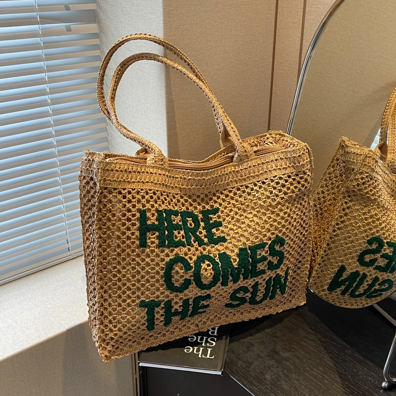 Large Capacity Straw Braid Tote Bags 2024 High Quality New Style Zipper Solid Letter Casual Shoulder Bags for Women Bolso Mujer