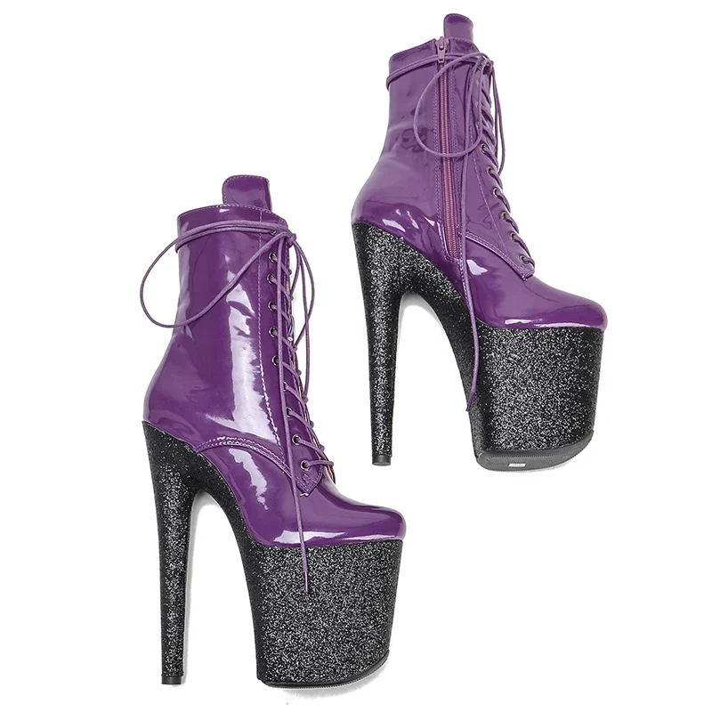 Leecabe 20cm/8 Zoll Patent Pu Obermaterial mit schwarzem Glitzer High Heel Plattform Trend Mode Pole Dance Boot