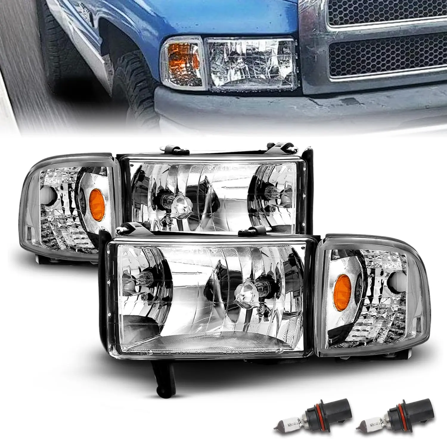 

1994-2001 Chrome Replacement Headlights Assembly w/Corner Light Set For Dodge Ram Truck 1500 2500 3500 - Passenger and Driver Si
