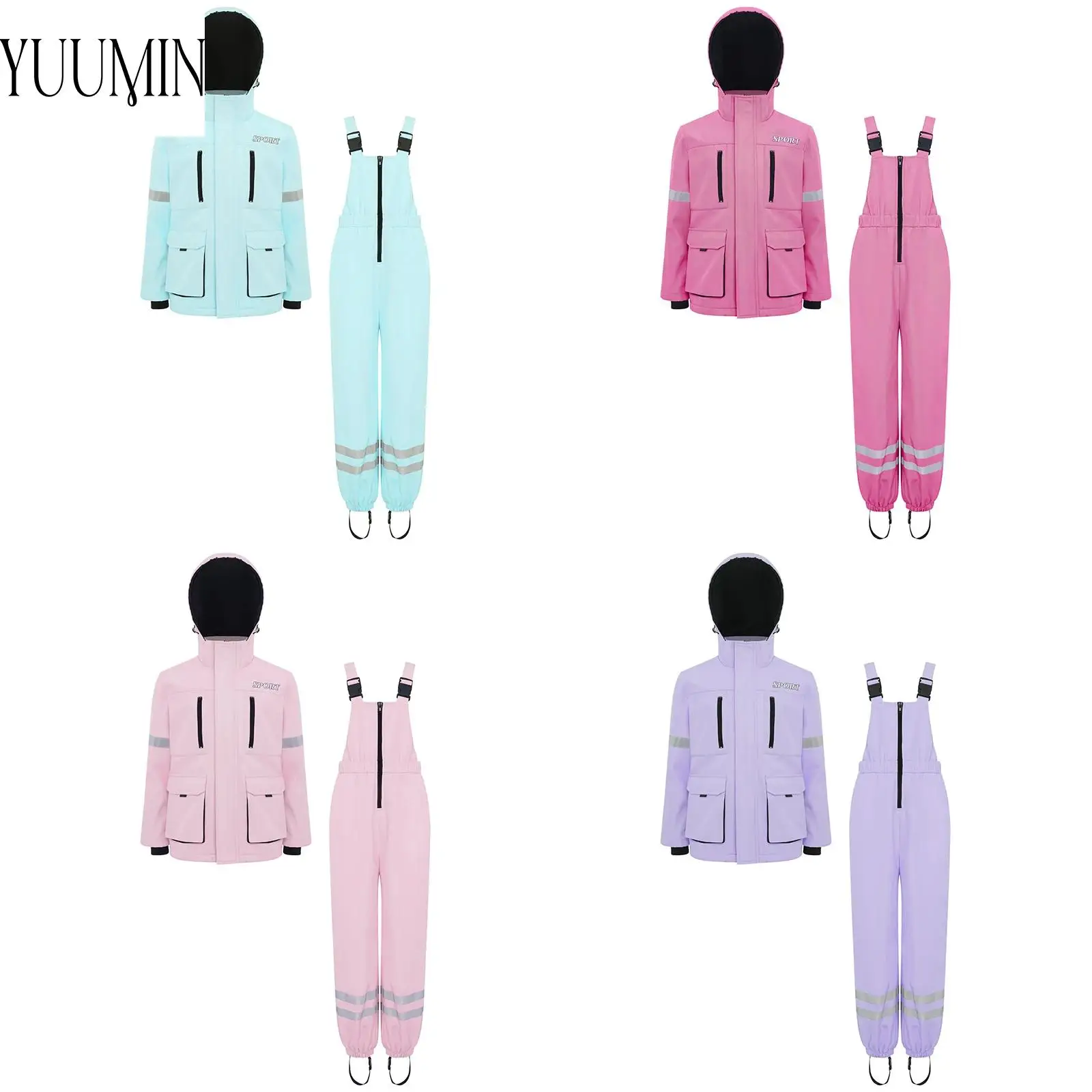 

Kids Girls Water Resistant Snowsuit Skiwear Long Sleeve Zipper Hooded Jacket with Sleeveless Overalls for Skiing Snowboarding