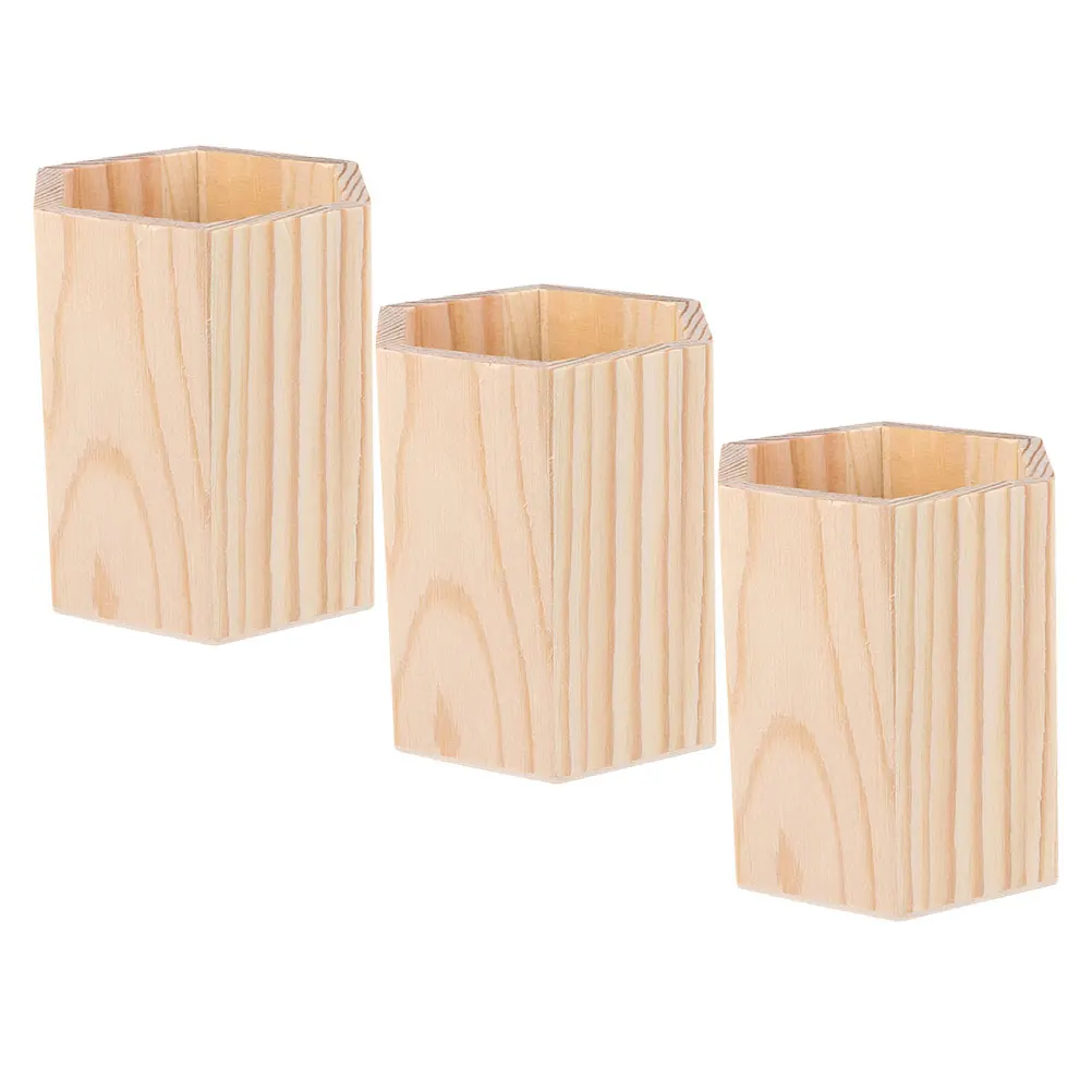 

3 Pcs Painting Storage Bucket Desktop Pen Container Creative Holder Pencil Wooden Office