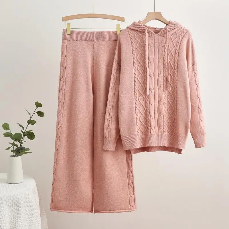 

Winter Knitted Two-Piece Suit for Women Long Sve Hooded Sweater And Pants Faionable Comfortable Ladies' Knitwear Set