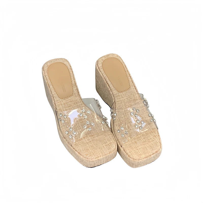 

Black Platform Heels Wedge Sandals Summer Transparent Crystal Chunky Heels Slippers For Woman Korean Block Shoes Fashion
