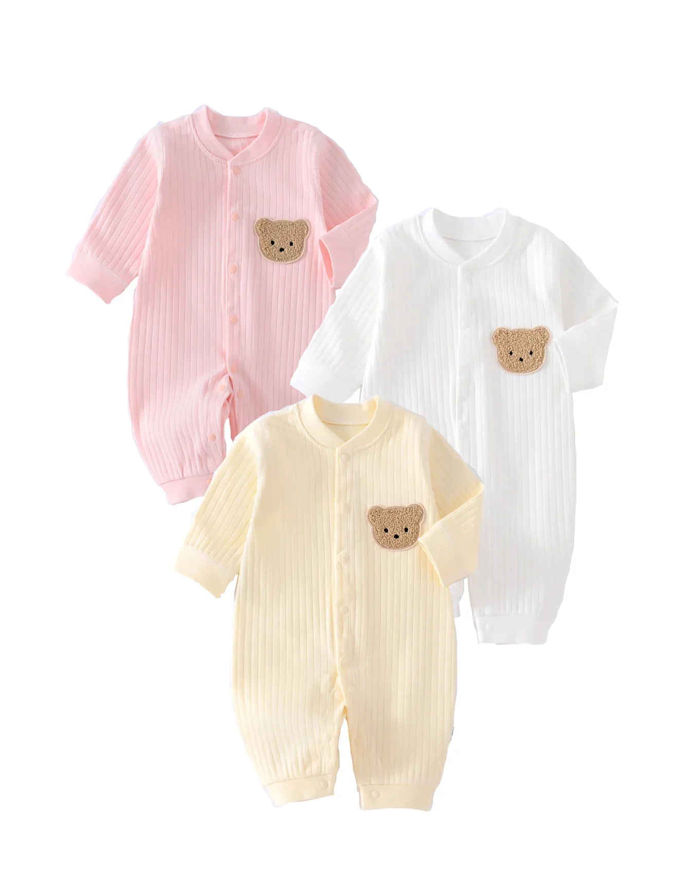 Somenie Unisex Baby Long Sleeve Onesie Pure Cotton Newborn Cute Bear Head Embroidery Romper Gift For Boys Girls Baby 1-3-6-9M