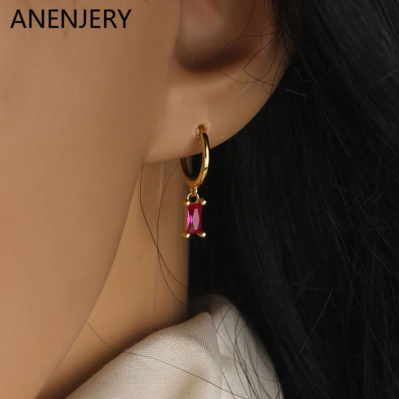 ANENJERY Multicolor Square Earrings AAAAA Zircon Circle Earrings Cute Girls Fashion Exquisite Jewelry Wholesale