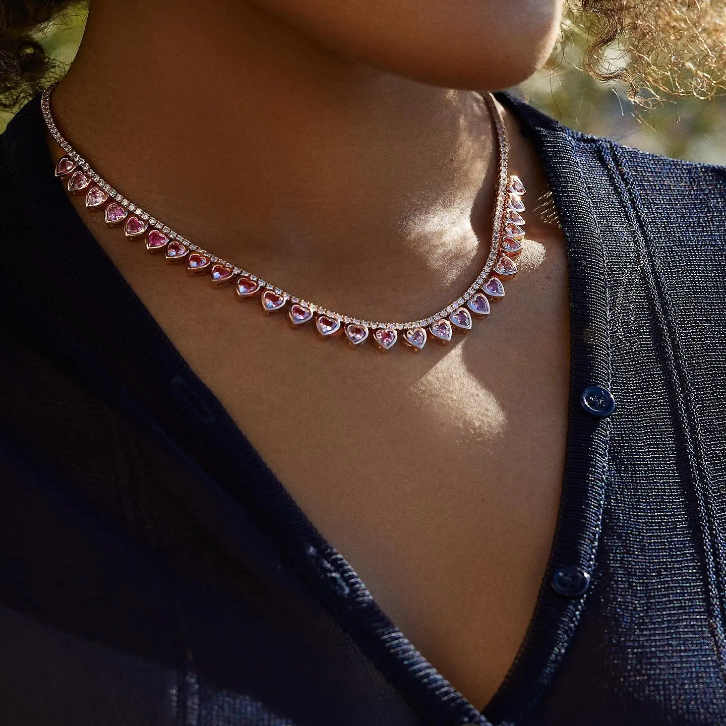 2026 Valentine\'s Day 3 Color Bezel Heart Shaped Charm 3MM CZ Tennis Chain 16inches Choker Women Iced Out Bling Necklace