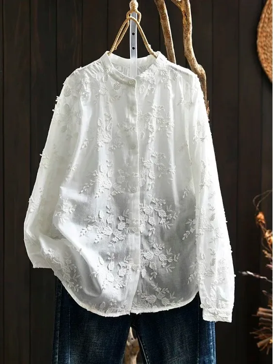 

Новинка весны, свободный крой из чистого хлопка, белый цвет, с вышивкой, длинный све, женский, милый, универсальный, круглый, на пуговицах