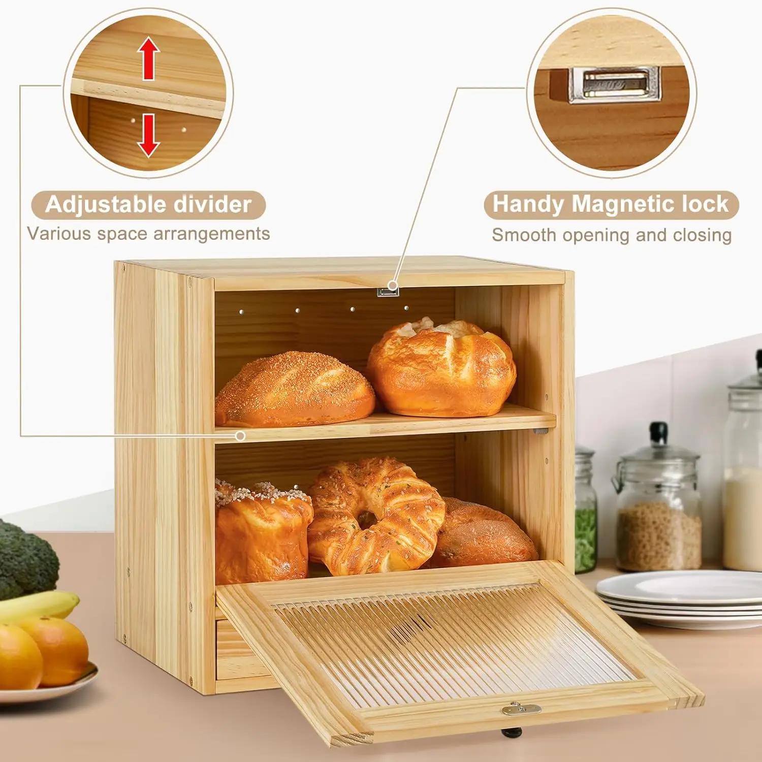 

Bread Box for Kitchen Countertop Bin 2Layer Wooden Bread Storage Breadbox Holder Large Capacity Container Bread Organizer Yellow