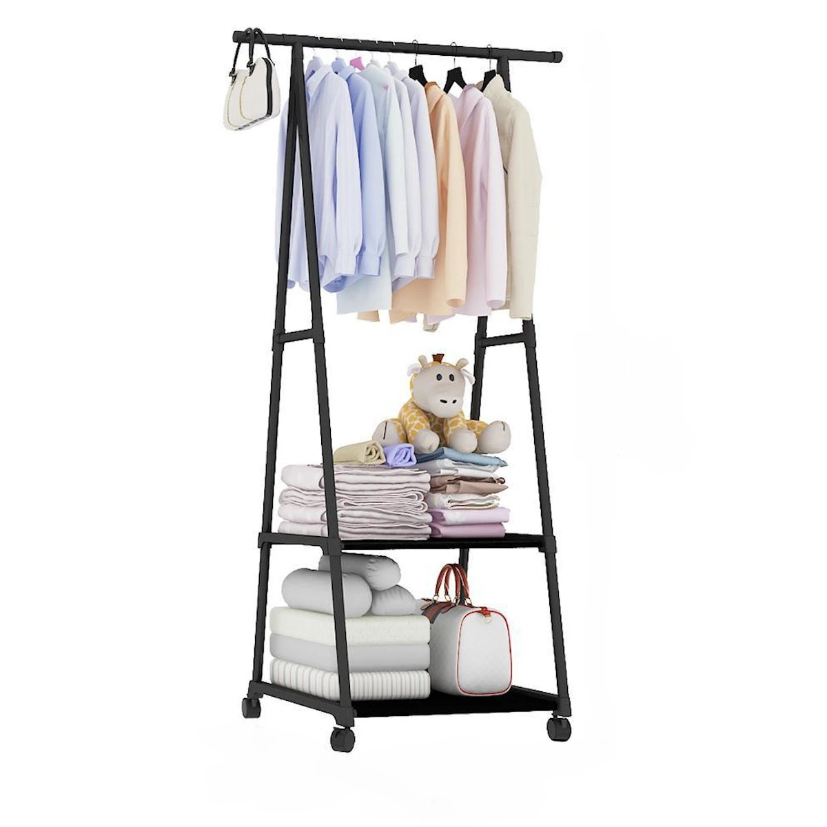 Coat Rack Removable Metal Coat Hanger Stand Floor Clothes Hanger With Wheel Storage  Wardrobe  Holder Shelves