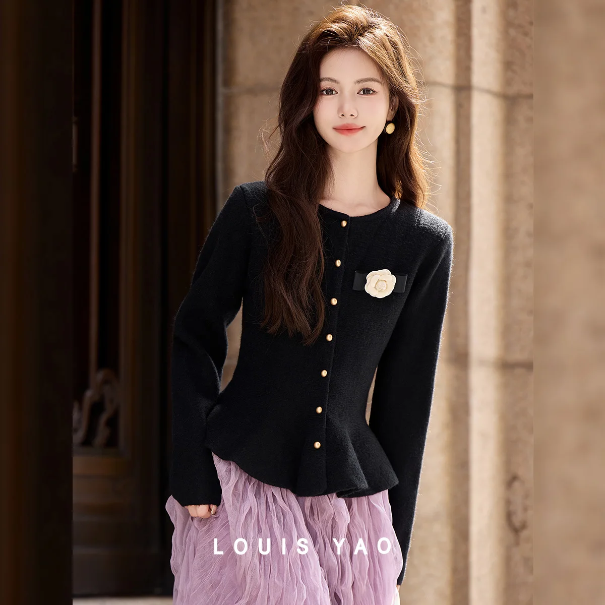 

LOUIS YAO Ruffle Waist Knitted Cardigan 2025 Autumn/Winter Style Detachable Flower Outerwear Women's Knitted Sweater