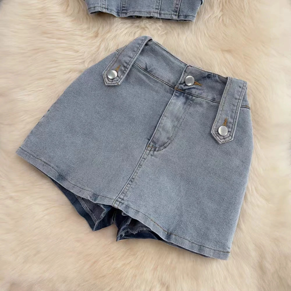 Denim Short Skirt Set for Girls, Open Back, Spicy, Vintage, Hanging Neck, Sexy Party, Short Top, Half, Spring, Summer, New