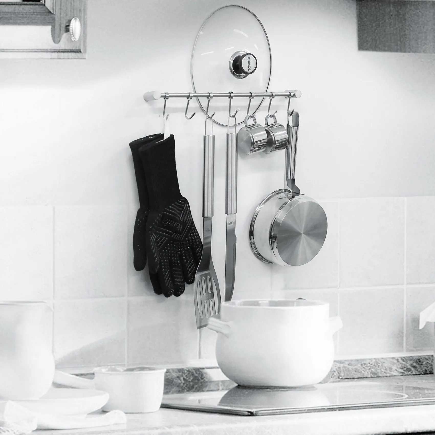 2X Kitchen Rail Rack Wall Mounted Utensil Hanging Rack Stainless Steel Hanger Hooks-A68E