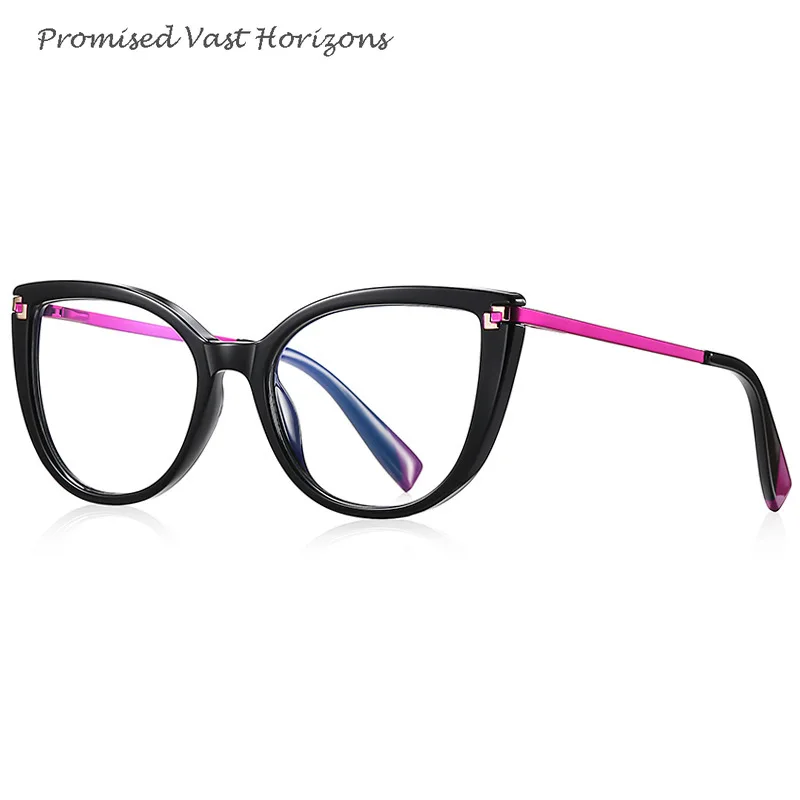 

Cat Eye Blue Light Blocking Plano Lens European American Large Frame TR90 Front Metal Temple Two Colors Women's Eyeglass Frame