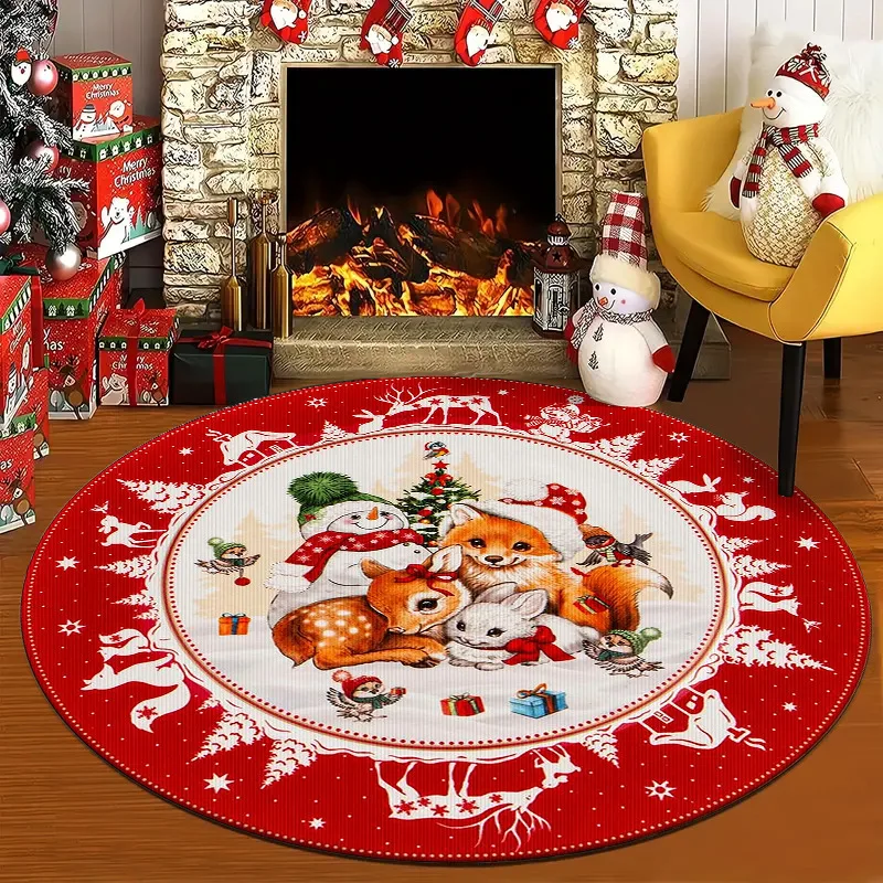 2024 Christmas Decor Round Areas Rug Non-Slip Home Living Room Party Floor Mat Christmas Santa Claus Happy Night Foot Pad Carpet