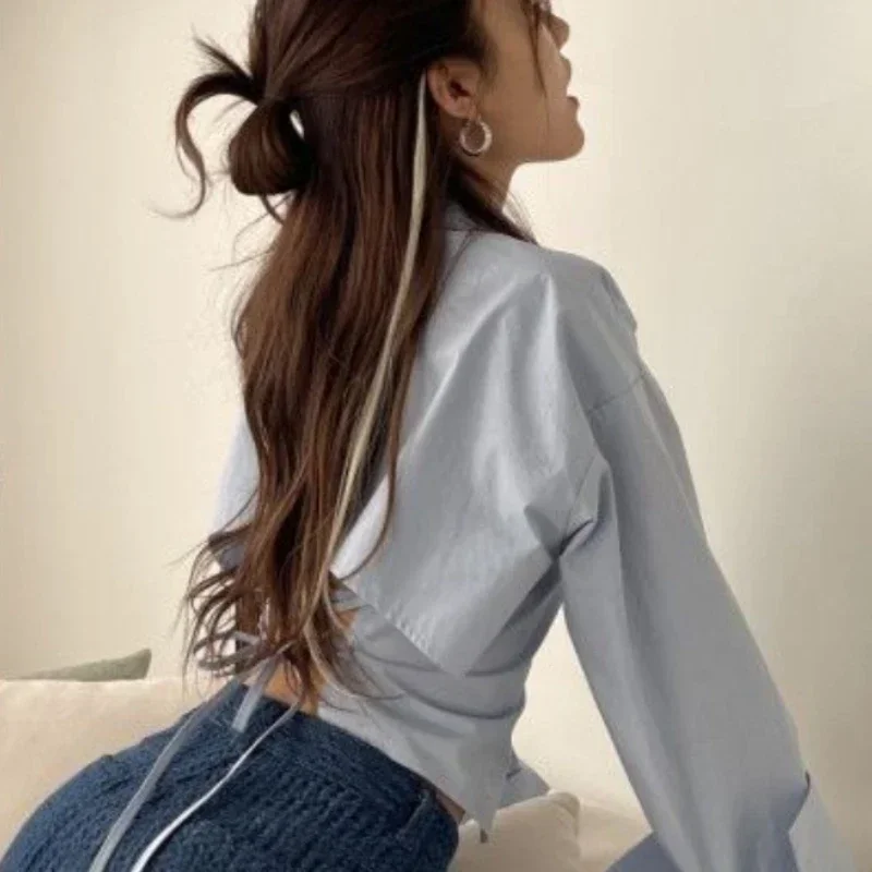 Long Sleeve Shirts for Women Fake Two Pieces Patchwork Korean Style Designs Off-shoulder Ruffles Baggy All-match Y2k Clothing