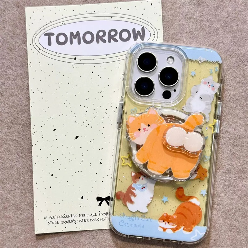 Magnetic painted semi transparent orange cat phone case with rotating magnetic bracket for iPhone 11 12 13 14 15 16 17 pro max