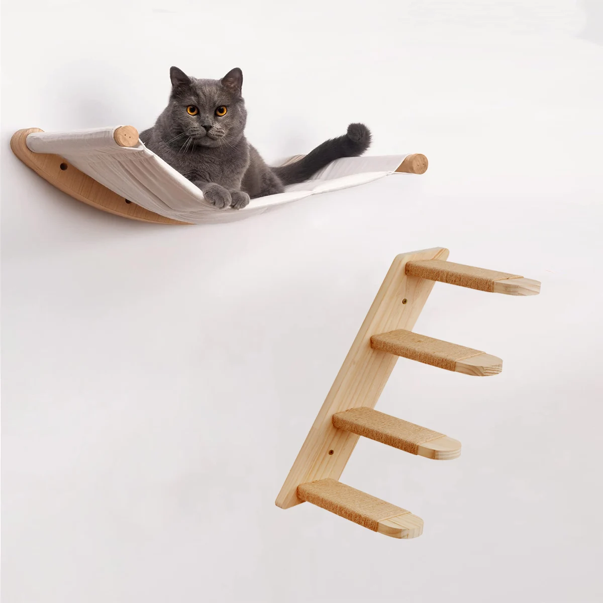 

Cat Tree Tower Wooden Cat Climbing Shelves Cat Hammock Safe Perch Detachable & Easy-cleaning Wall Mounted Ladders Pet Furniture