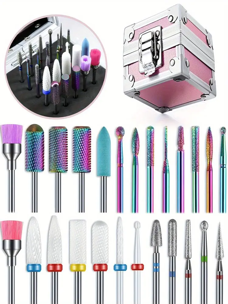 Kit-25/30PCS 3/32", conjunto de brocas para unhas com suporte rosa e 50pcs 8 cores lixa bandas com armazenamento