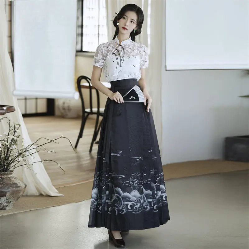 Trendy Hanfu Print Horse Face Skirt Improved High Waist Fashion Retro Chinese Style Women's Slim A-Line Pleated Long Skirt Z1965