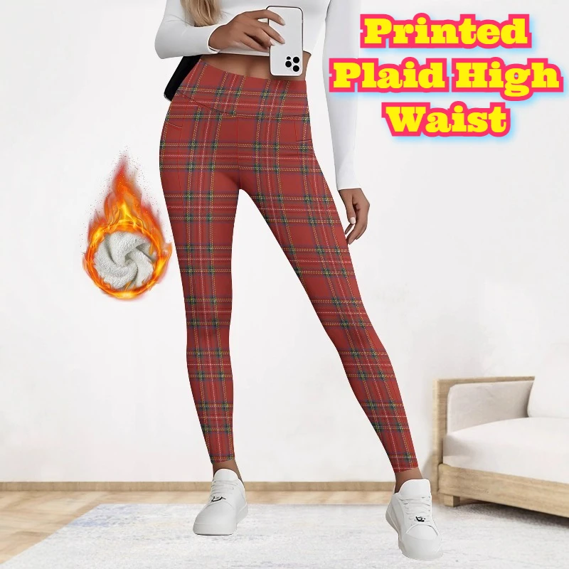 المرأة المطبوعة منقوشة عالية الخصر جيب 7/8 طماق صوف مبطن السراويل اليوغا الدافئة اللياقة البدنية تجريب بناطيل كاجوال حجم كبير الخريف #1