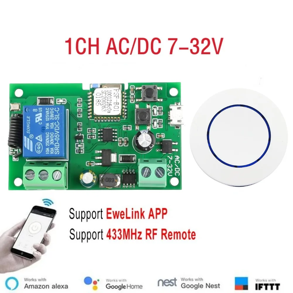 DC 5V 7V-32V 1 Channel WiFi Remote Control Relay Switch Module Supports 433MHZ Remote Control For EWelink APP System