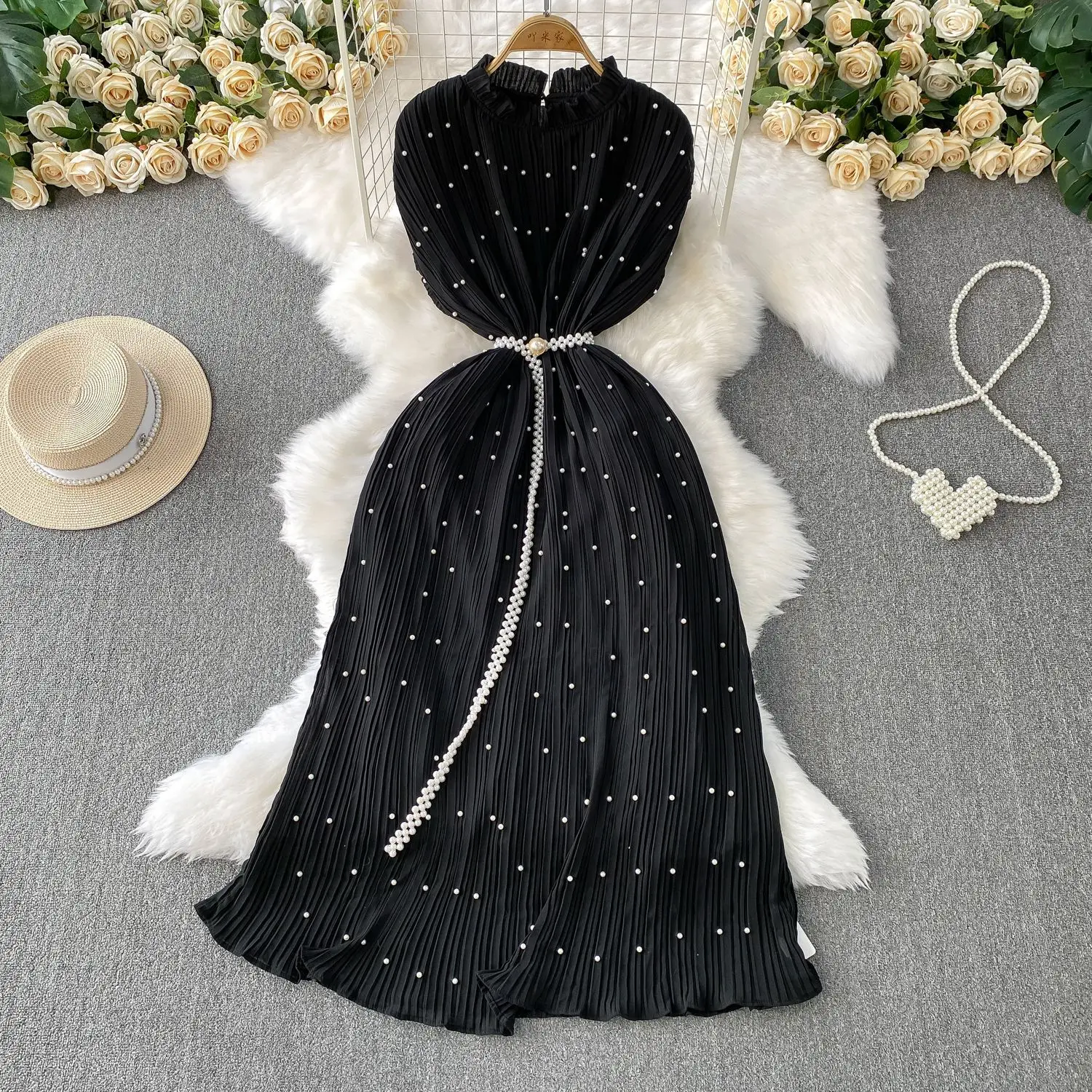 

Pearls Long Dress Women Dresses A Line Vestidos Round Neck Sleeveless Elegant Y2k Streetwear Slim Fit Pleated Party Night 2025