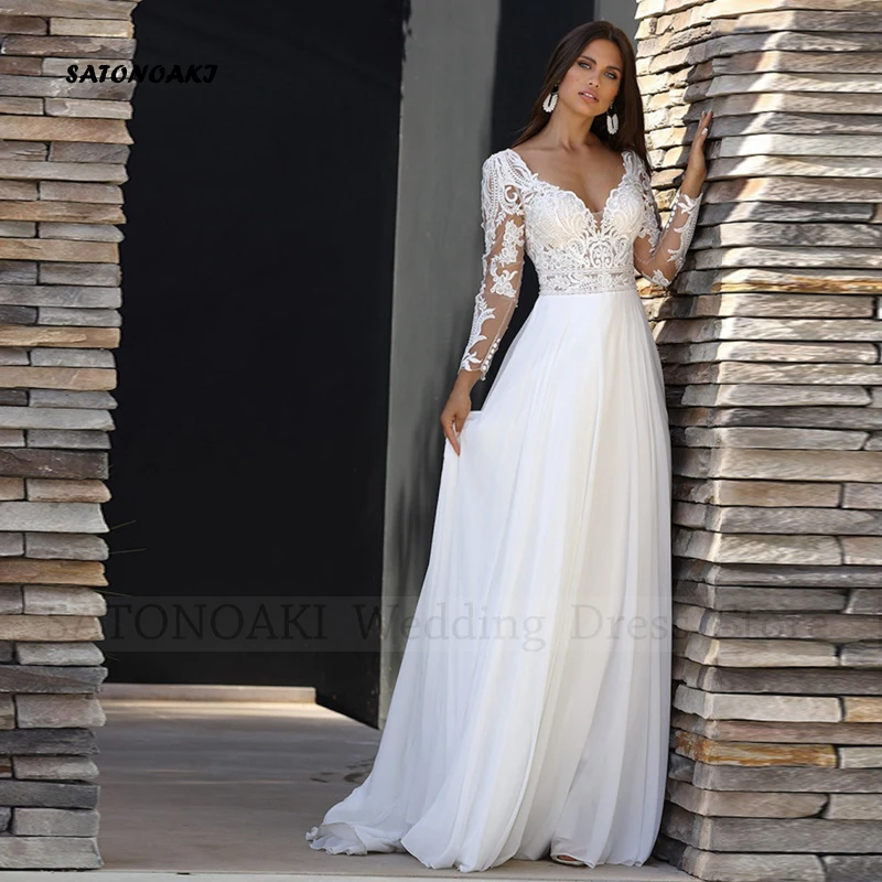 

Elegant Boho V-Neck Lace Chiffon Wedding Dresses for Women A-Line Sweep Train Backless Appliques Bride Gown Vestidos De Novia