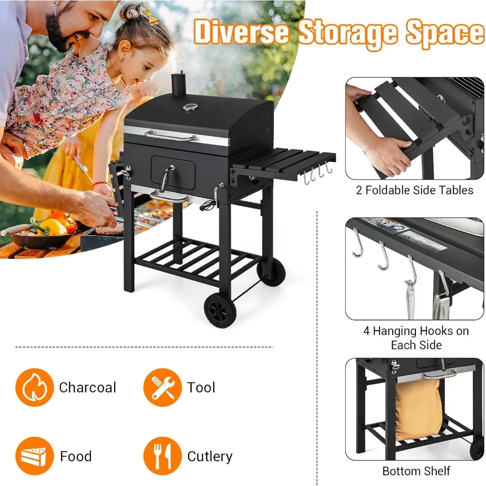 BBQ Grill with 2 Foldable Side Tables, 8 Hooks, Storage Shelf, 2 Wheels, Flame Control, Heavy Duty Cooking, Barbecue Grills