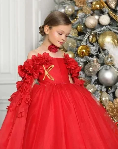 Applique Red Flower Girl Dresses For Wedding Puffy Tulle Off The Shoulder Princess Dress Baby First Communion Ball Gowns