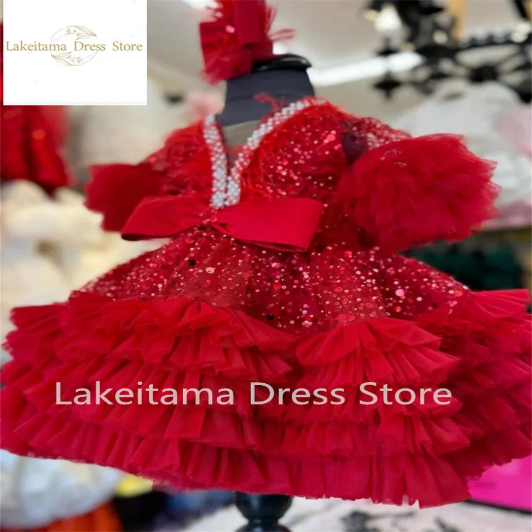 

New Red Baby Girls Dress for Birthday Tiered Tulle Sequins Ruffle Party Gown Kids Ceremony Vestido Clothing Flower Girl Dress