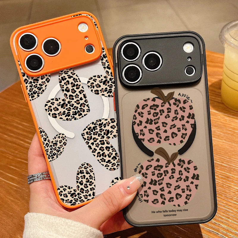 Matte Hard Pc Back Case - iPhone 17e、18、17 Pro Max、16、15、14、13 Pro Max、16e対応、マグセーフ対応、マット仕上げのハードバックカバー、磁石付きハート柄レオパード柄。