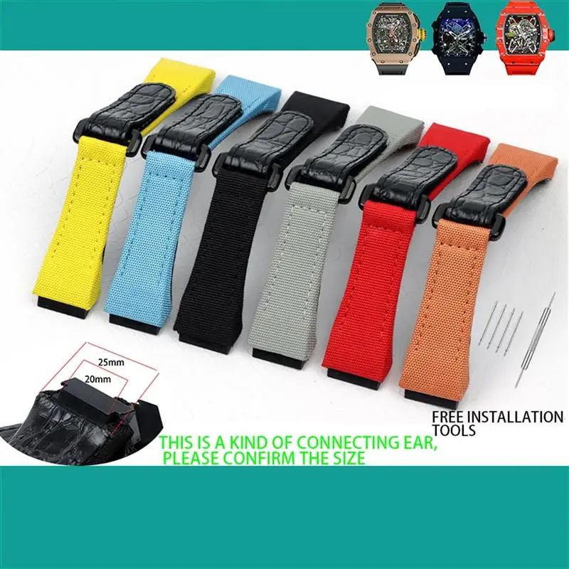 TINTAG 25mm Men Nylon Fabric With Leather Watchband For Richard Watch Mille Strap Band Bracelet Buckle For Spring Bar Version