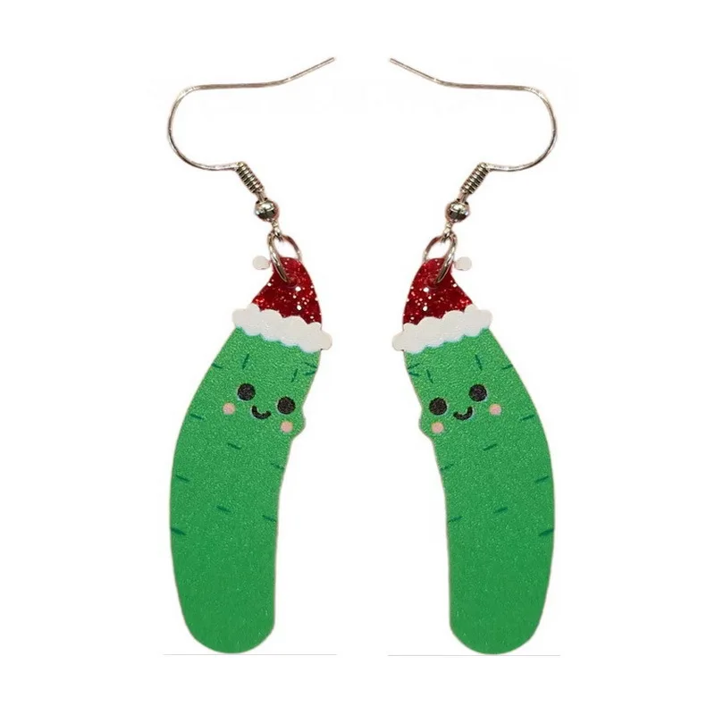New Fun Christmas Hat Pencil Cucumber Earrings Red Green Knitted Sweater Christmas Duck Santa Parachute Pendant Acrylic Earrings