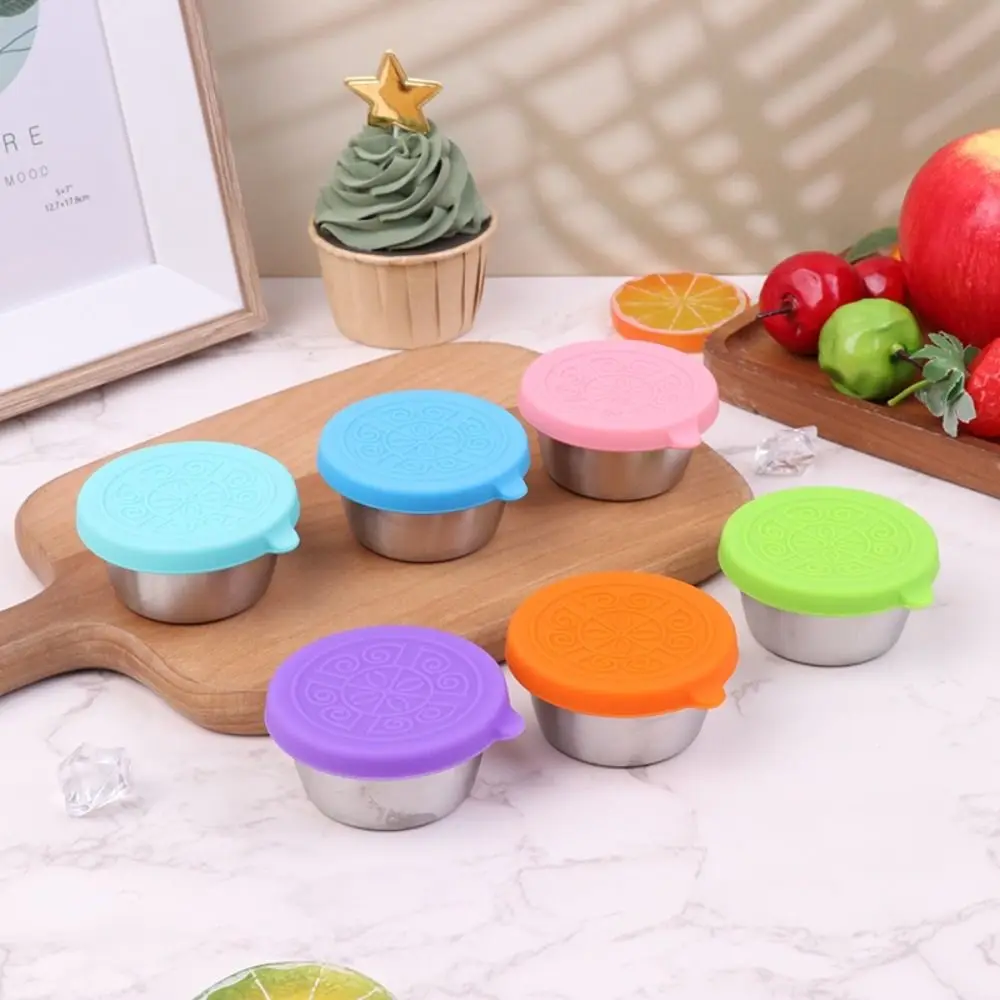 Condiment Container Silicone Lid Sauce Cup Reusable Stainless Steel Dipping Cup Kitchen Tools Food Storage Appetizer Plates