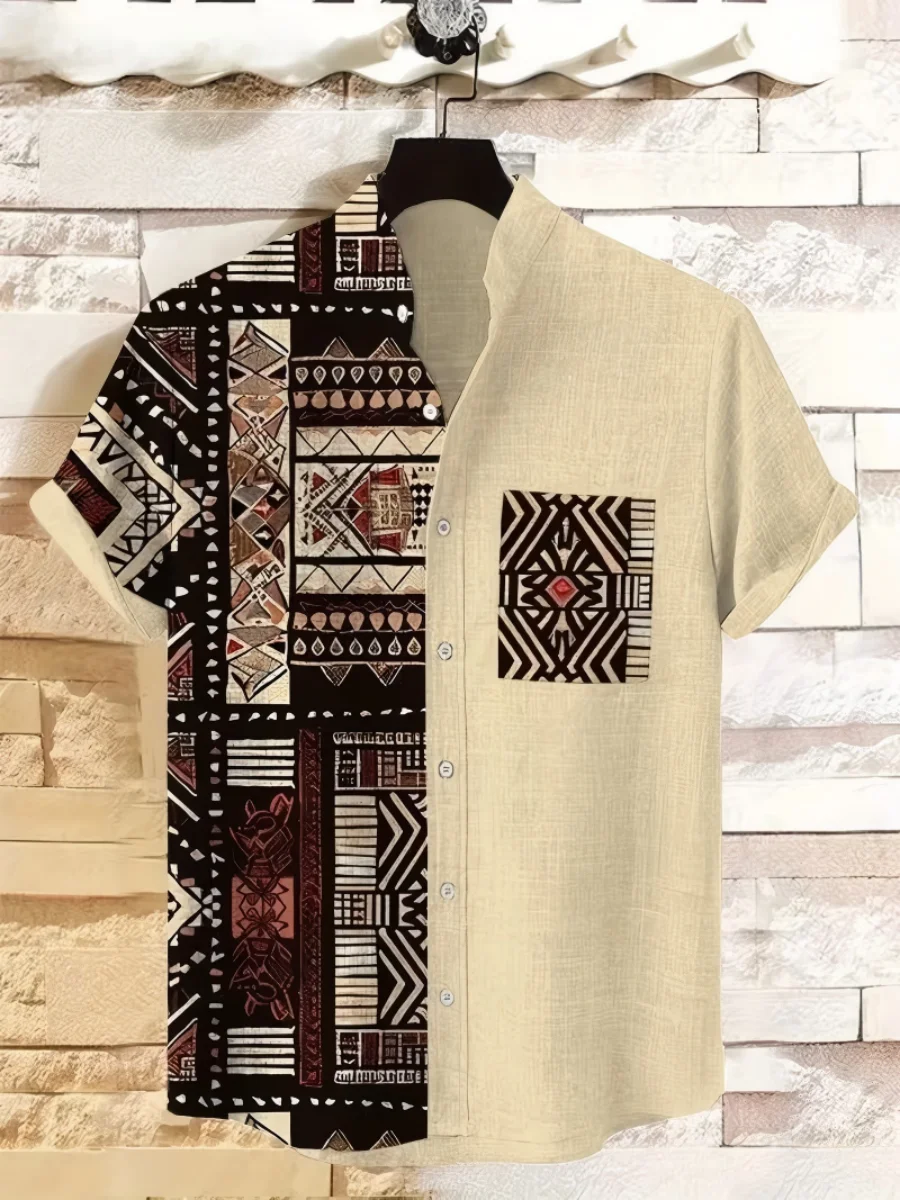 

Retro men's linen short sleeved shirt with digital printing, casual and comfortable, fashionable and natural for outdoor wear