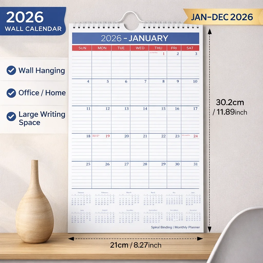 Calendario de Pared 2026, Planificador Mensual Colgante, Encuadernado en Espiral, Gran Espacio para Escribir, Organizador para el Hogar y la Oficina