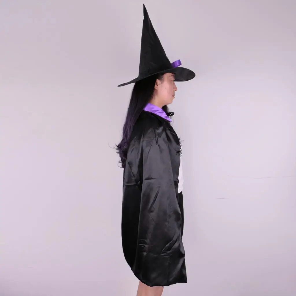 Satin Reversible Witch Cloak Cape Costume Cone Hat for Halloween Role Play Christmas Adults and Kids